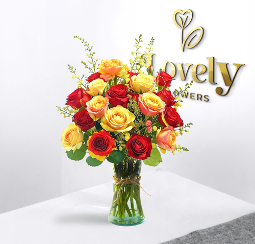Premium Red and Yellow Rose Bouquet in Glass Vase