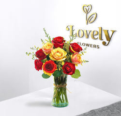 Premium Red and Yellow Rose Bouquet in Glass Vase