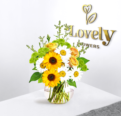 Premium Sunflower, daisy and Yellow Rose Bouquet in Glass Vase