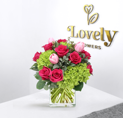 Premium Tulips  and Hydrangea Bouquet in Glass Vase
