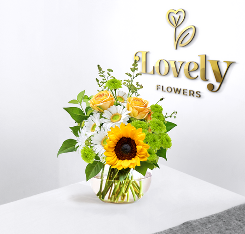 Premium Sunflower, daisy and Yellow Rose Bouquet in Glass Vase
