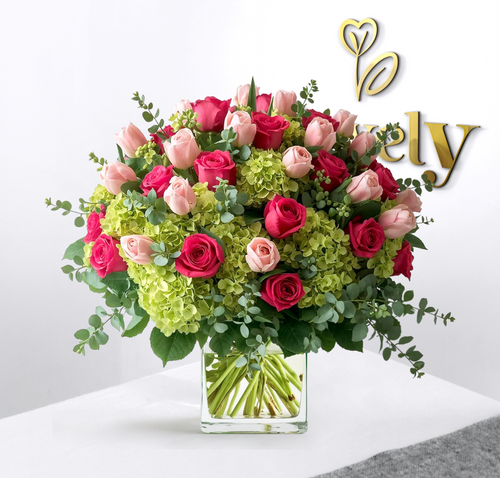 Premium Tulips  and Hydrangea Bouquet in Glass Vase