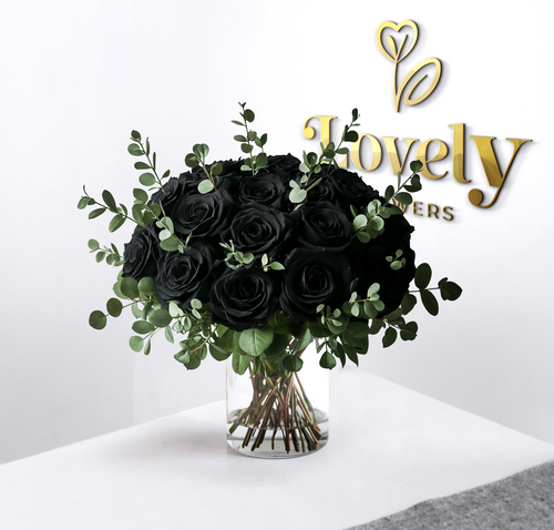 Premium Black Rose Bouquet in Glass Vase