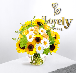 Premium Sunflower, daisy and Yellow Rose Bouquet in Glass Vase