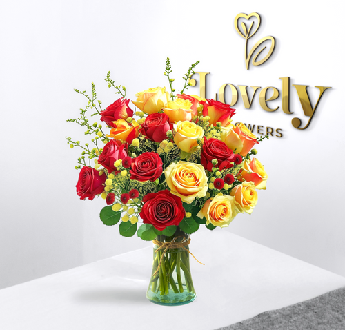 Premium Red and Yellow Rose Bouquet in Glass Vase