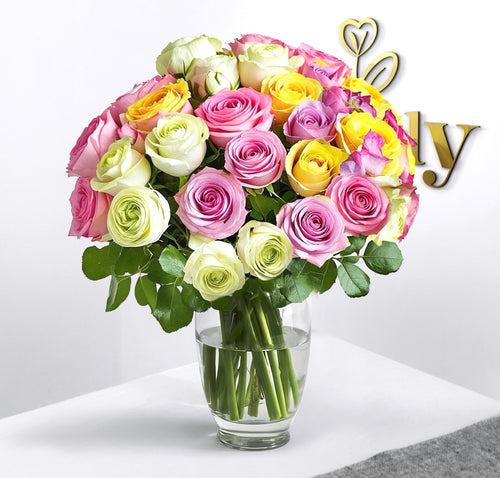 Pastel Radiance Rose Bouquet – Premium Mixed Roses